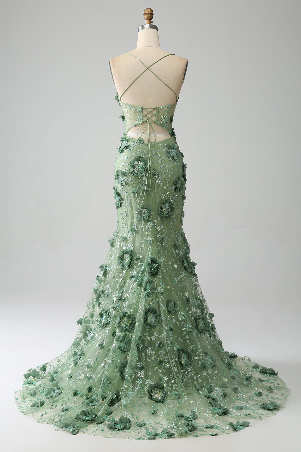 Green Mermaid Strapless Floral Corset Long Prom Dress with Appliques