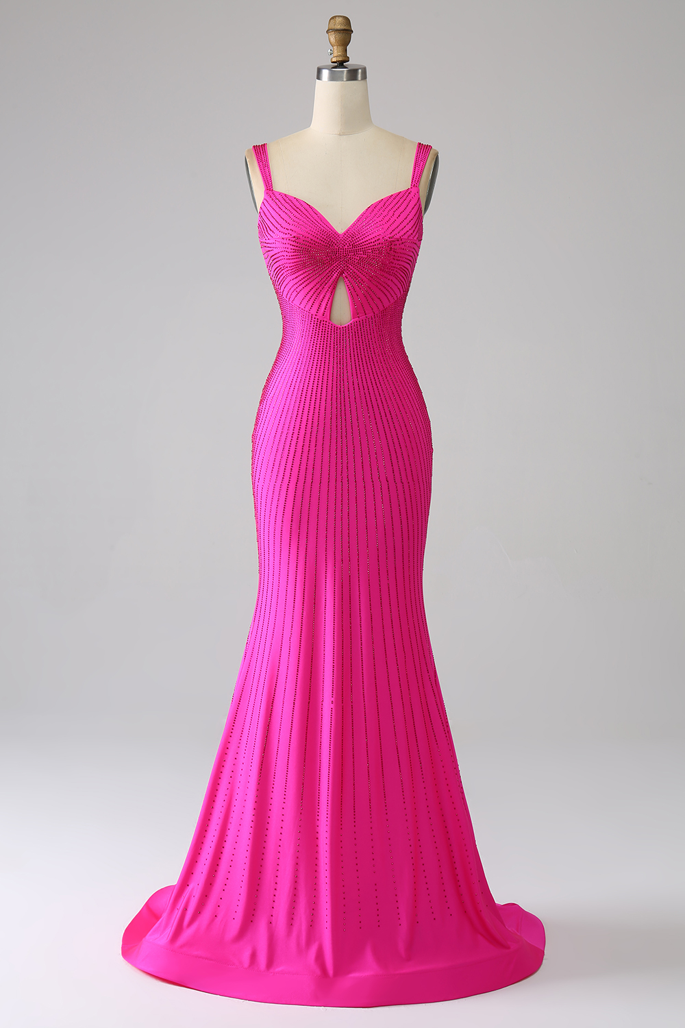 Shiny Fuchsia Mermaid Straps Long Corset Beaded Prom Dress