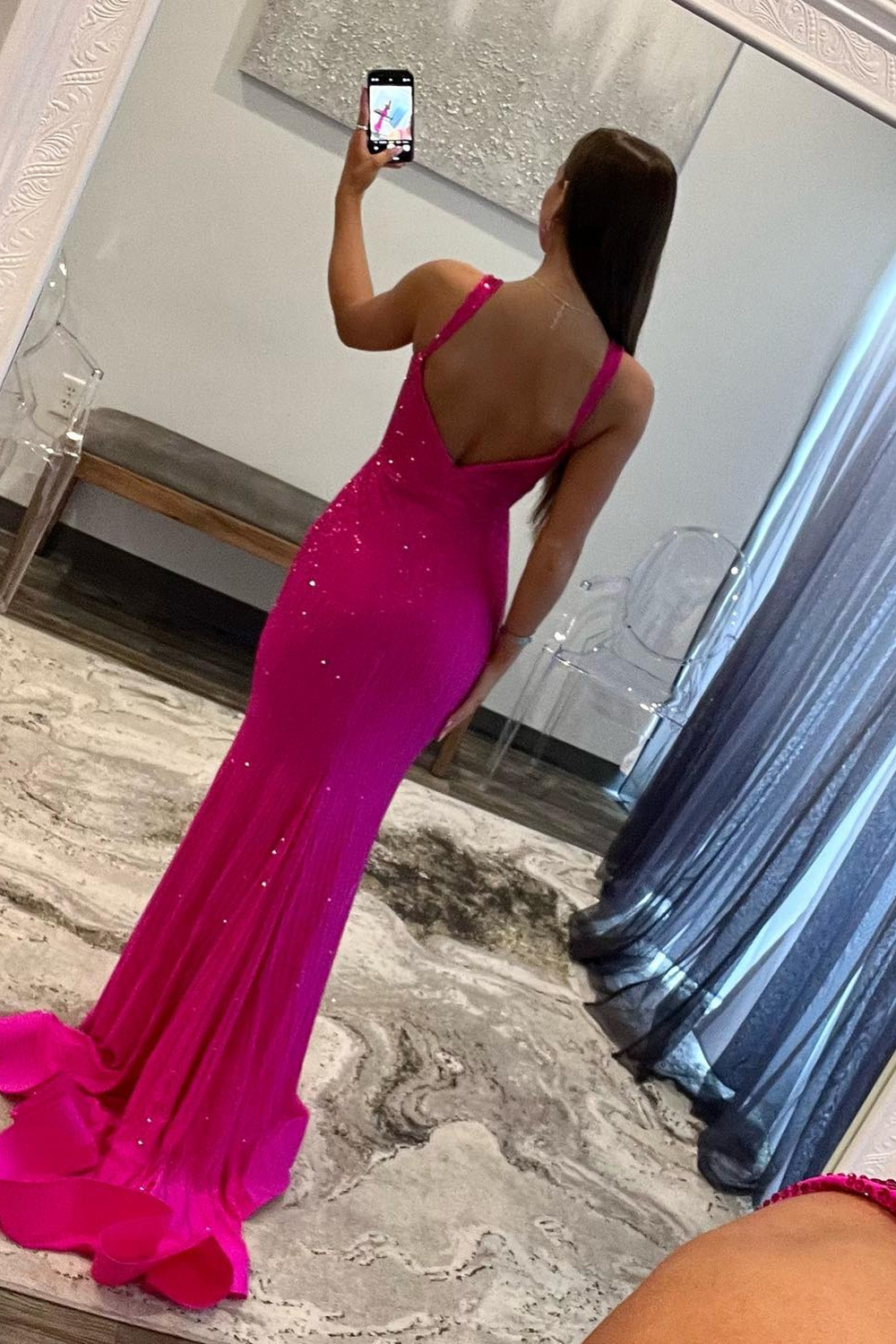 Shiny Fuchsia Mermaid Straps Long Corset Beaded Prom Dress