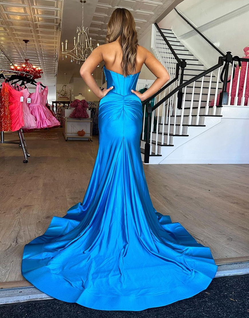 Fuchsia Mermaid Strapless Ruched Satin Long Prom Dress with Slit