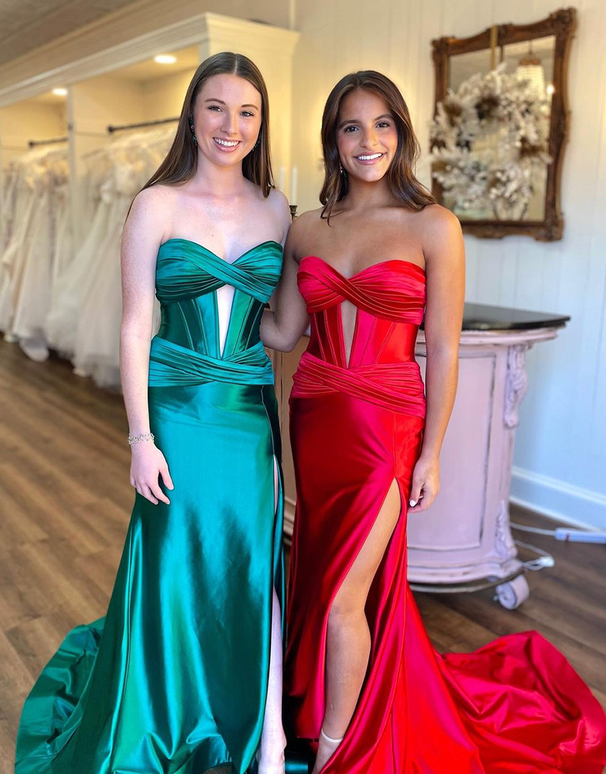 Fuchsia Mermaid Strapless Ruched Satin Long Prom Dress with Slit