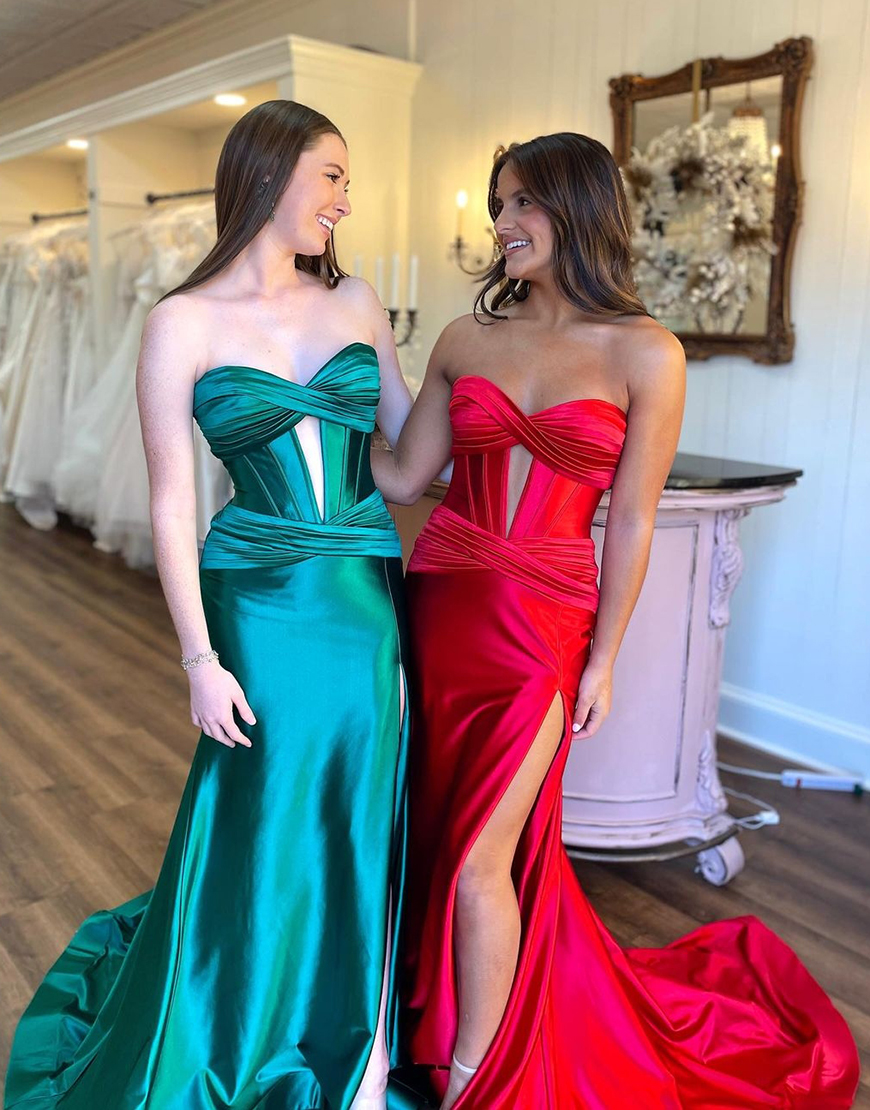Fuchsia Mermaid Strapless Ruched Satin Long Prom Dress with Slit
