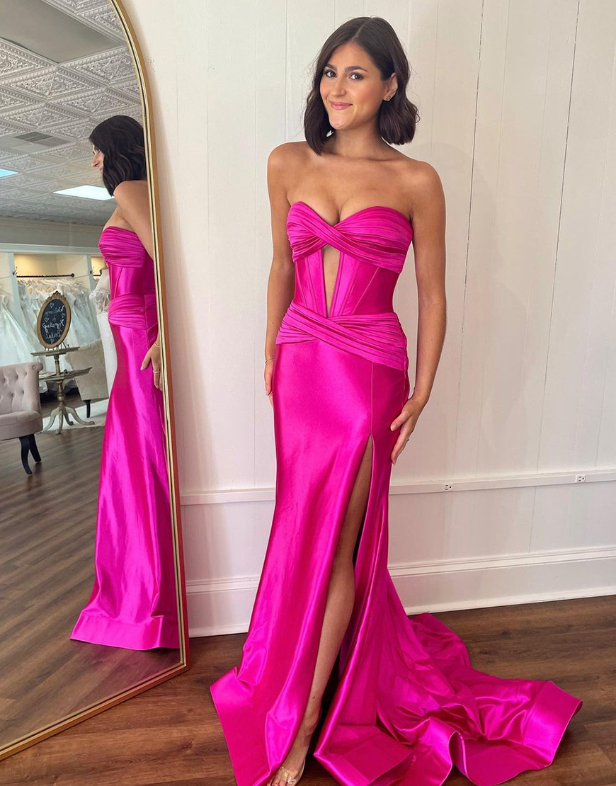 Fuchsia Mermaid Strapless Ruched Satin Long Prom Dress with Slit