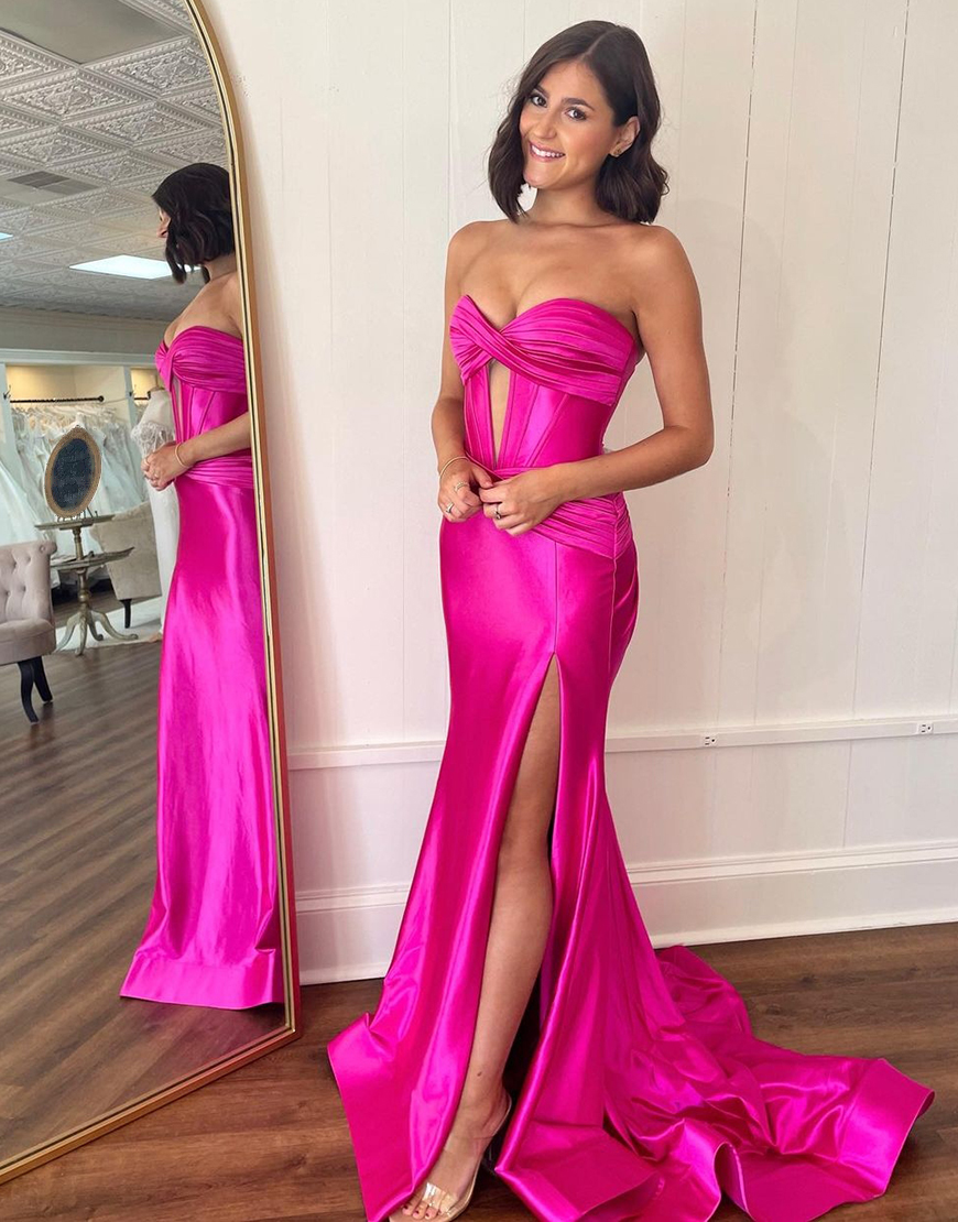 Fuchsia Mermaid Strapless Ruched Satin Long Prom Dress with Slit