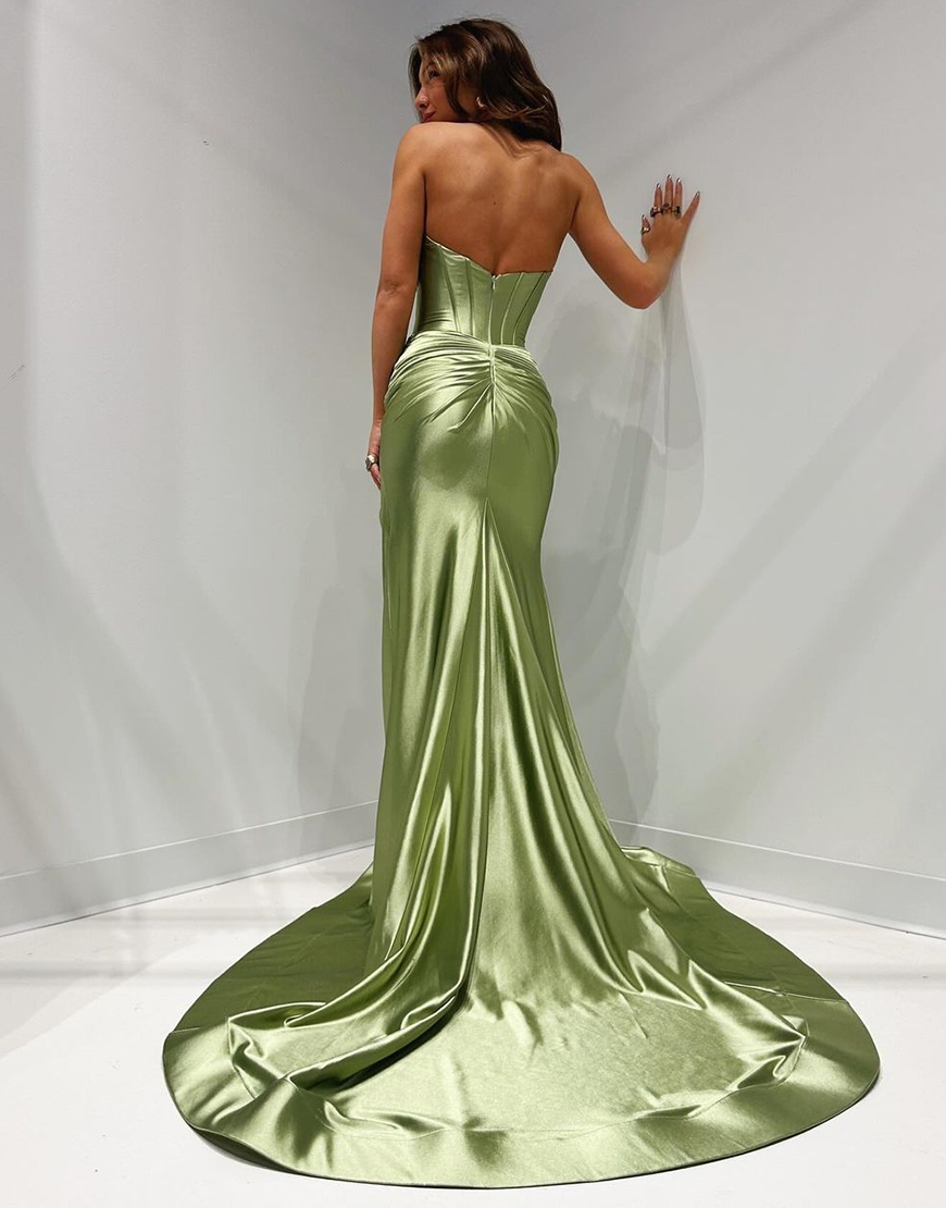 Fuchsia Mermaid Strapless Ruched Satin Long Prom Dress with Slit