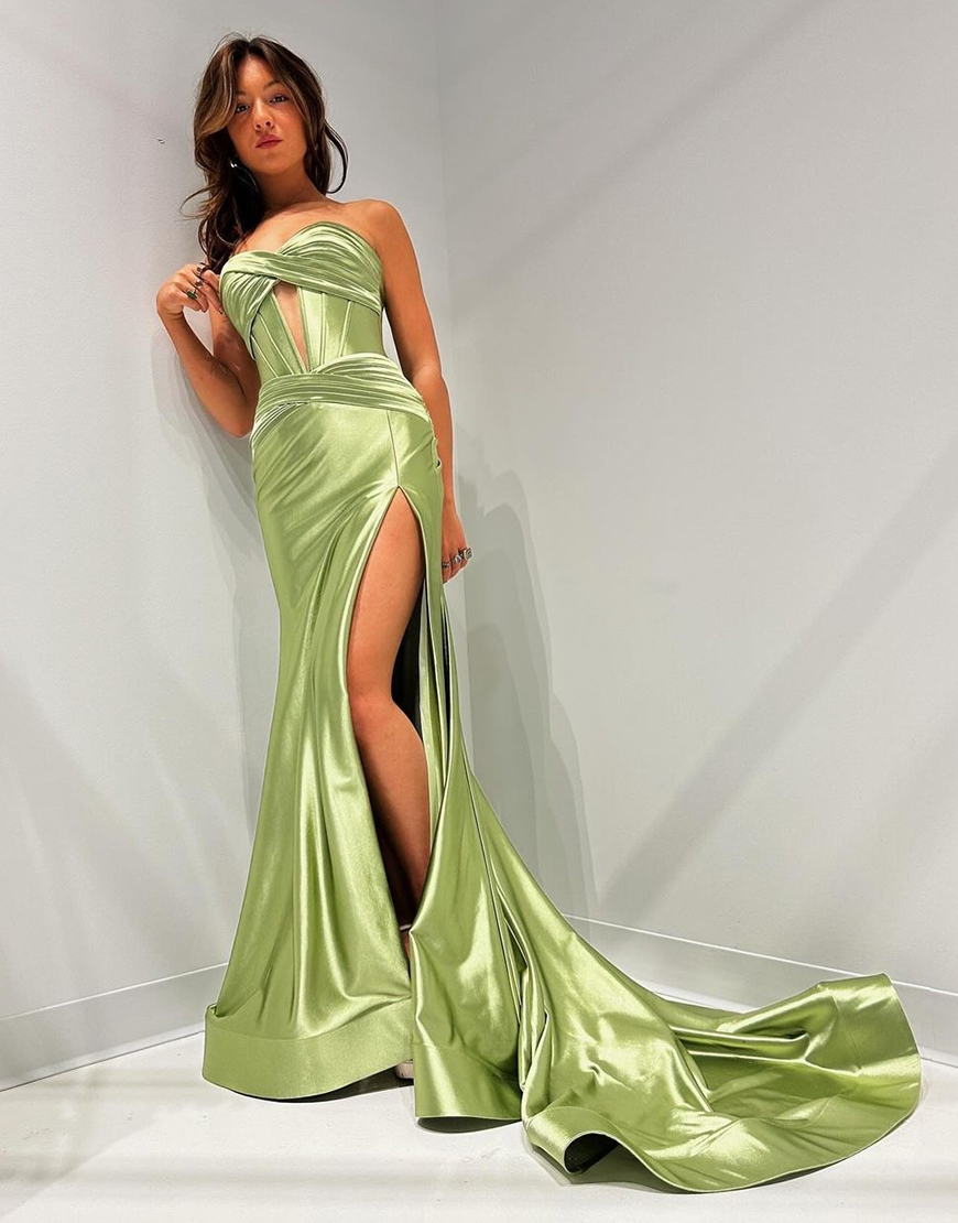 Fuchsia Mermaid Strapless Ruched Satin Long Prom Dress with Slit