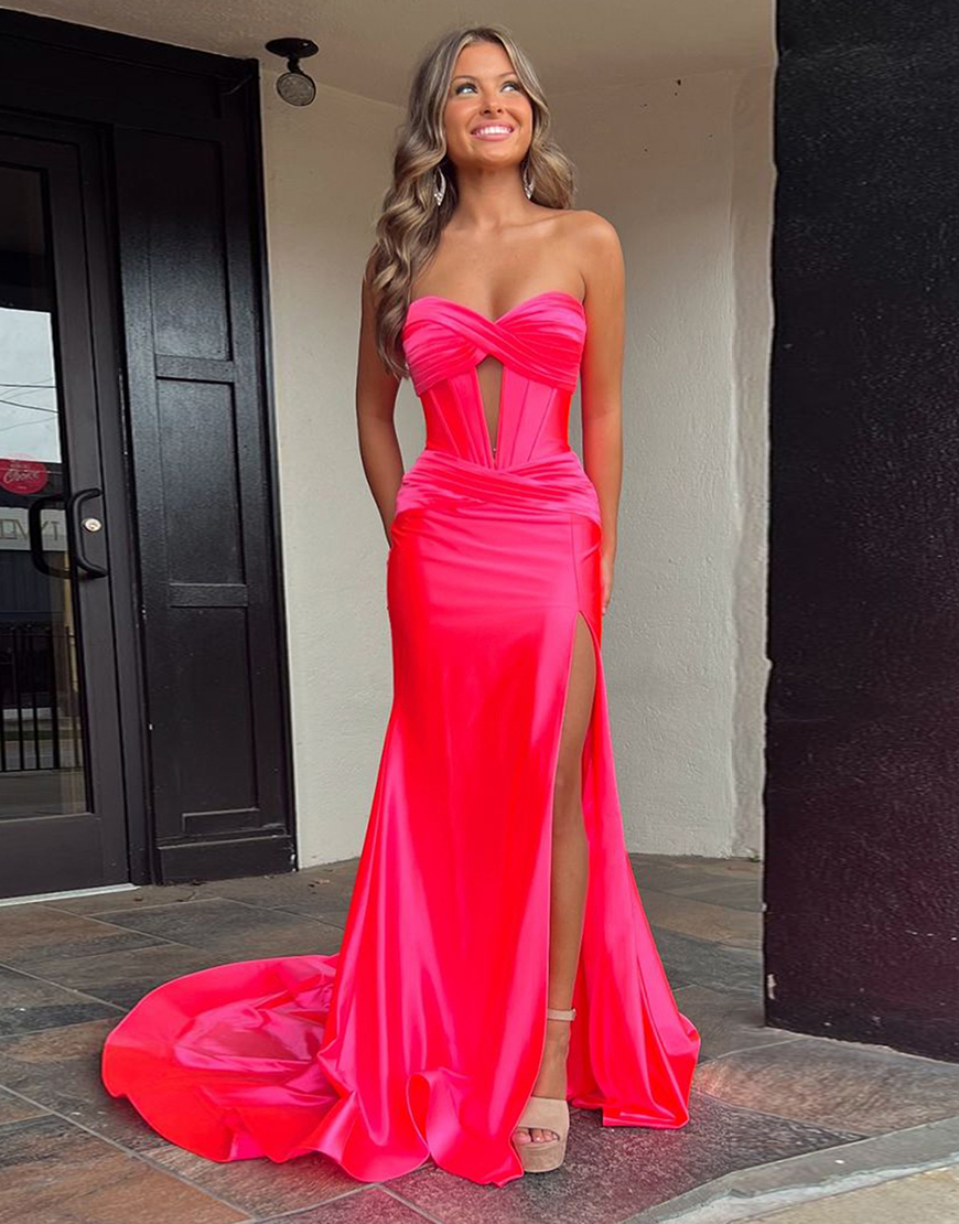 Fuchsia Mermaid Strapless Ruched Satin Long Prom Dress with Slit