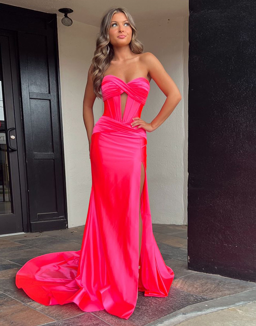 Fuchsia Mermaid Strapless Ruched Satin Long Prom Dress with Slit