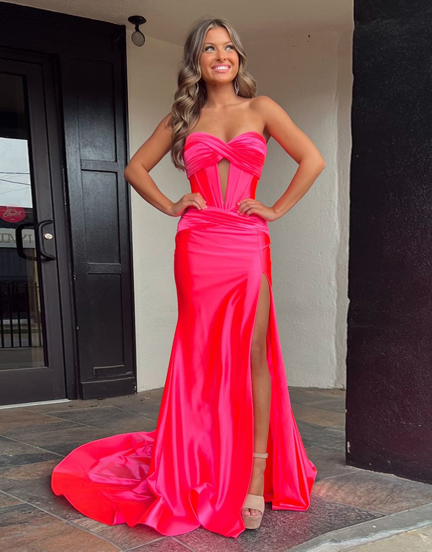 Fuchsia Mermaid Strapless Ruched Satin Long Prom Dress with Slit