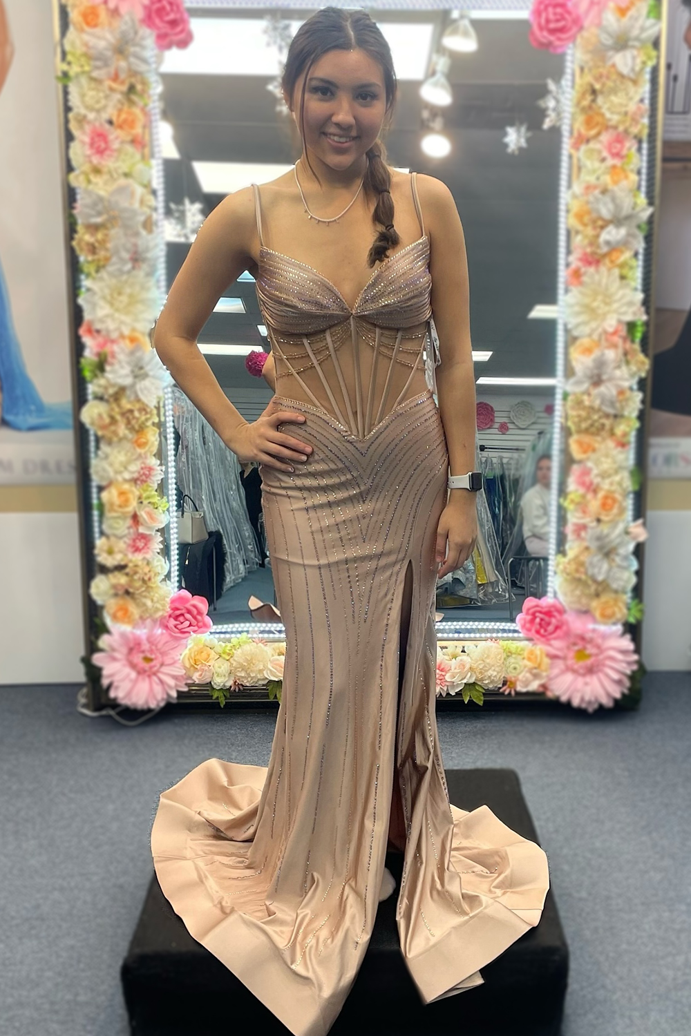 Mermaid Glitter Spaghetti Straps Corset Prom Dress with Beading And Slit