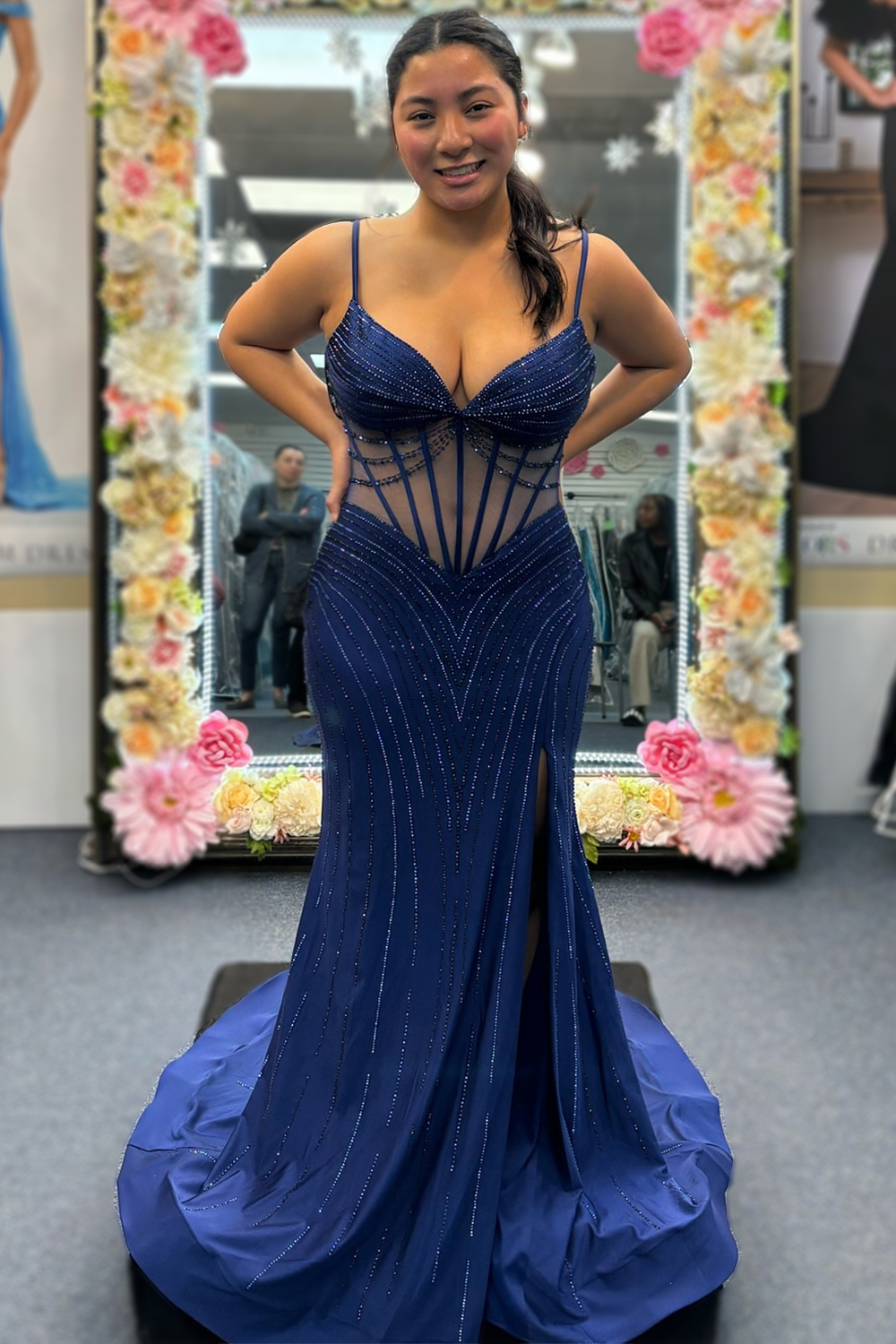 Mermaid Glitter Spaghetti Straps Corset Prom Dress with Beading And Slit