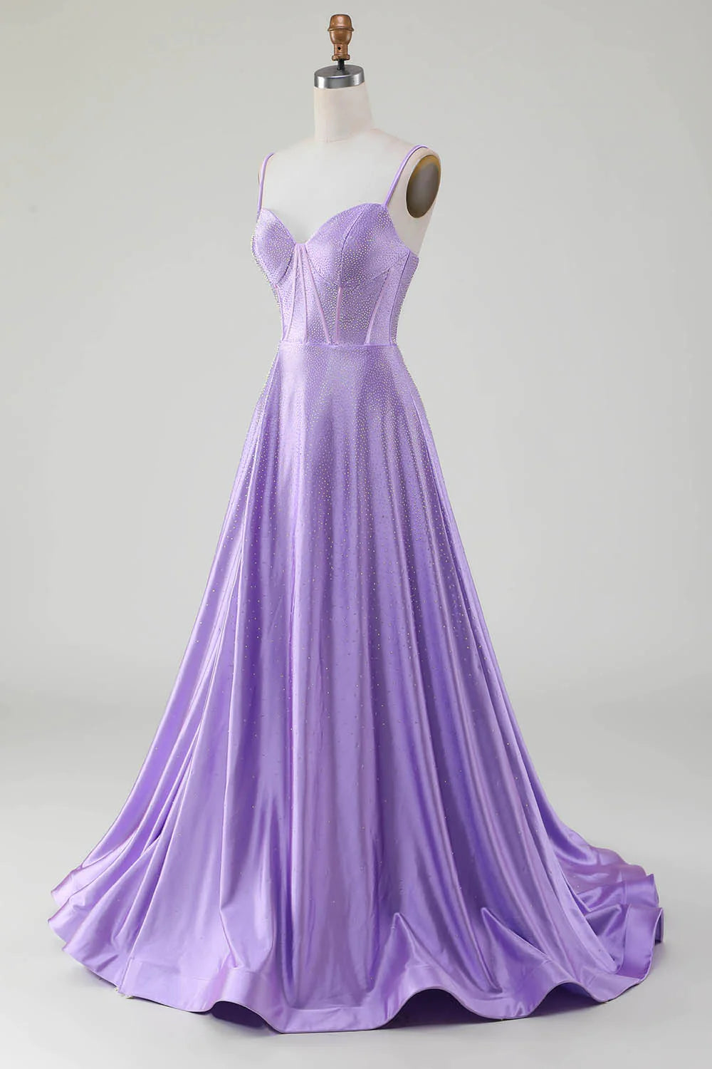 Lilac Glitter A-Line Spaghetti Straps Long Beaded Prom Dress with Slit