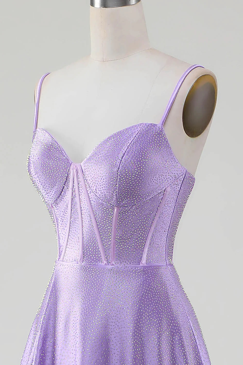 Lilac Glitter A-Line Spaghetti Straps Long Beaded Prom Dress with Slit