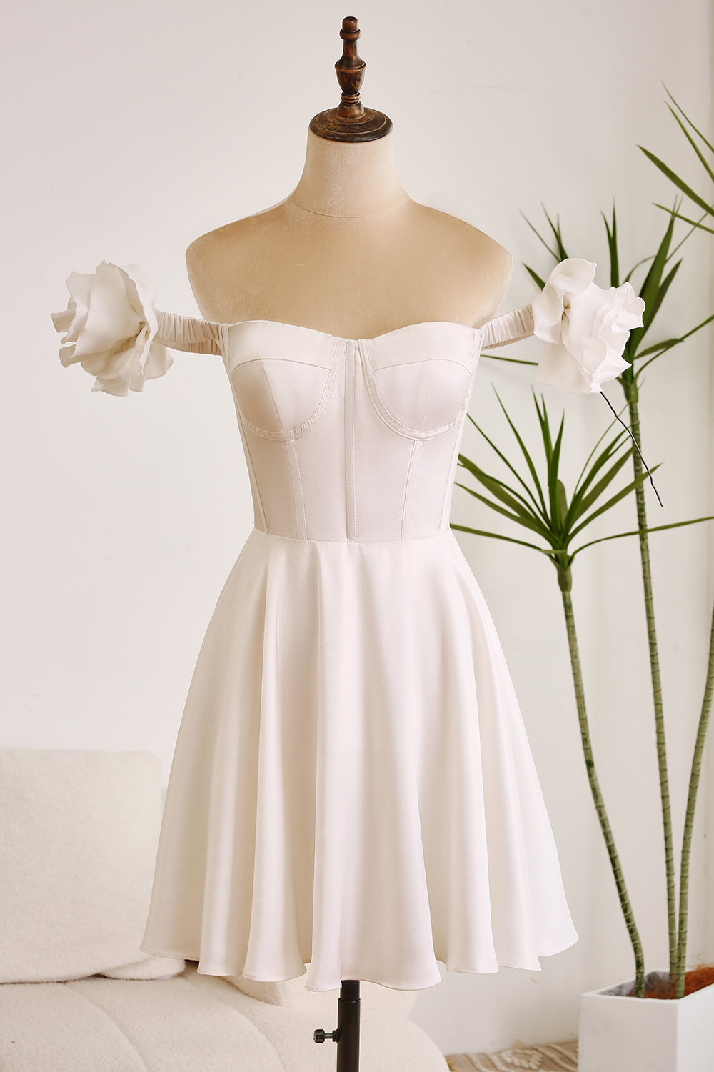 White A-Line Off The Shoulder Short Graduation Dress with Flowers