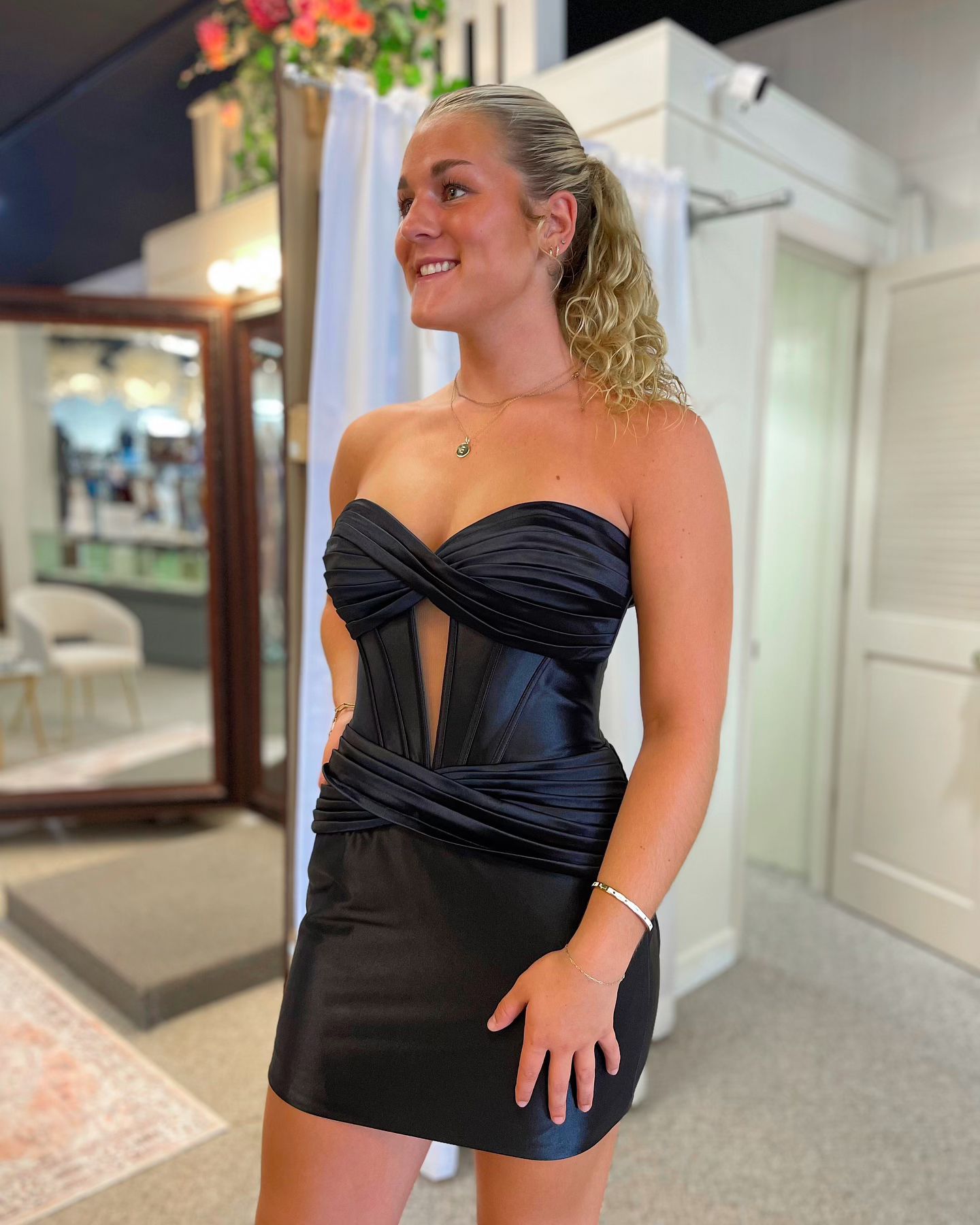 Black Tight Strapless Satin Keyhole Homecoming Dress 