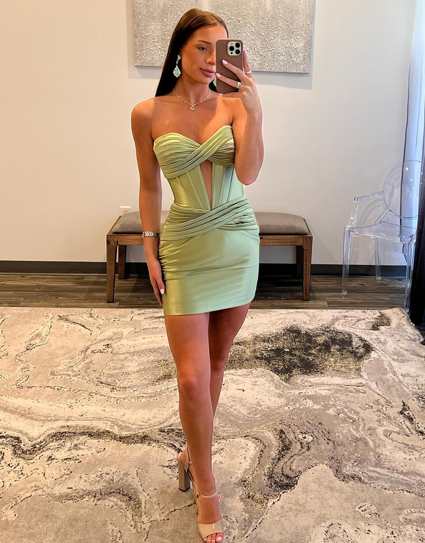 Copper Satin Strapless Tight Short Homecoming Dress