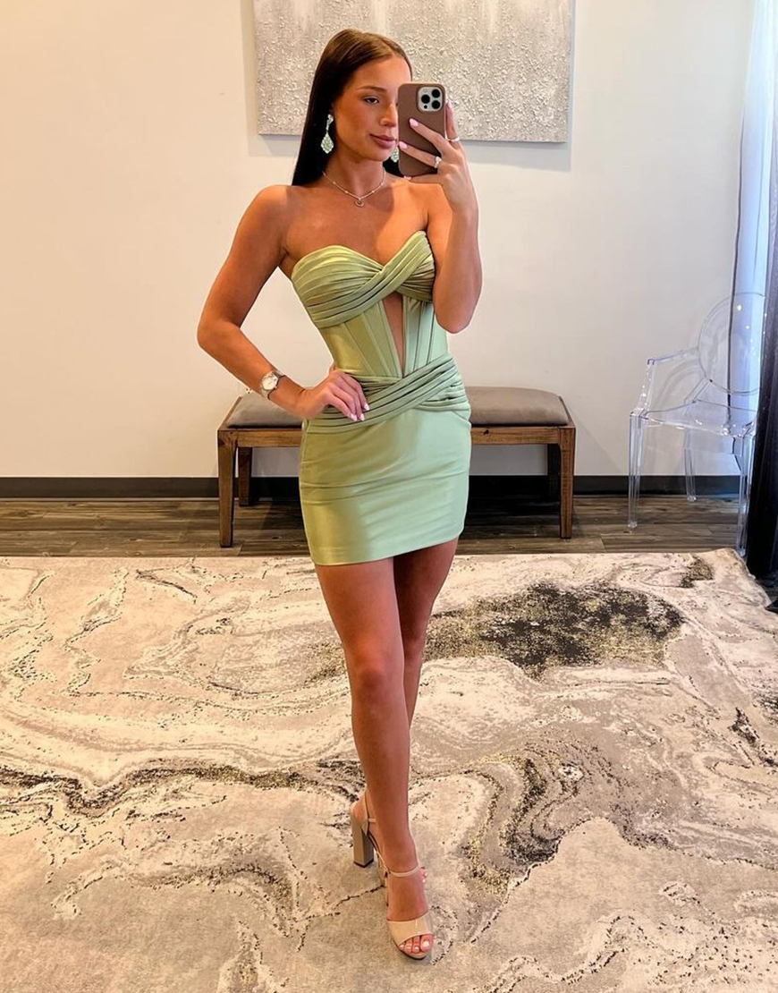 Sky Blue Satin Strapless Tight Short Homecoming Dress