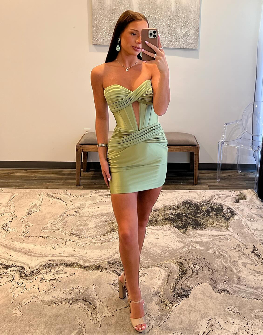 Sky Blue Satin Strapless Tight Short Homecoming Dress