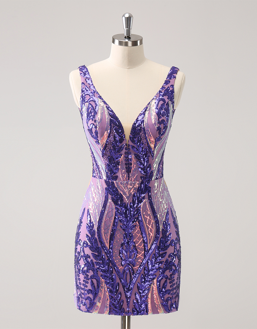Sparkly Dark Purple Sequined Embroidery Tight Homecoming Dress