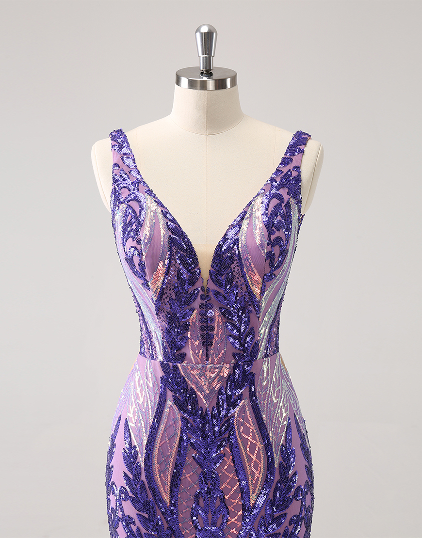 Sparkly Dark Purple Sequined Embroidery Tight Homecoming Dress