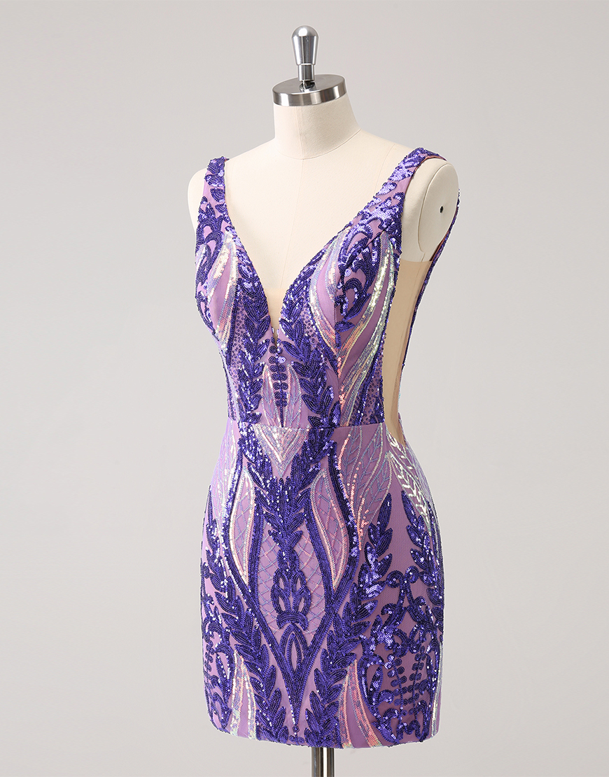 Sparkly Dark Purple Sequined Embroidery Tight Homecoming Dress