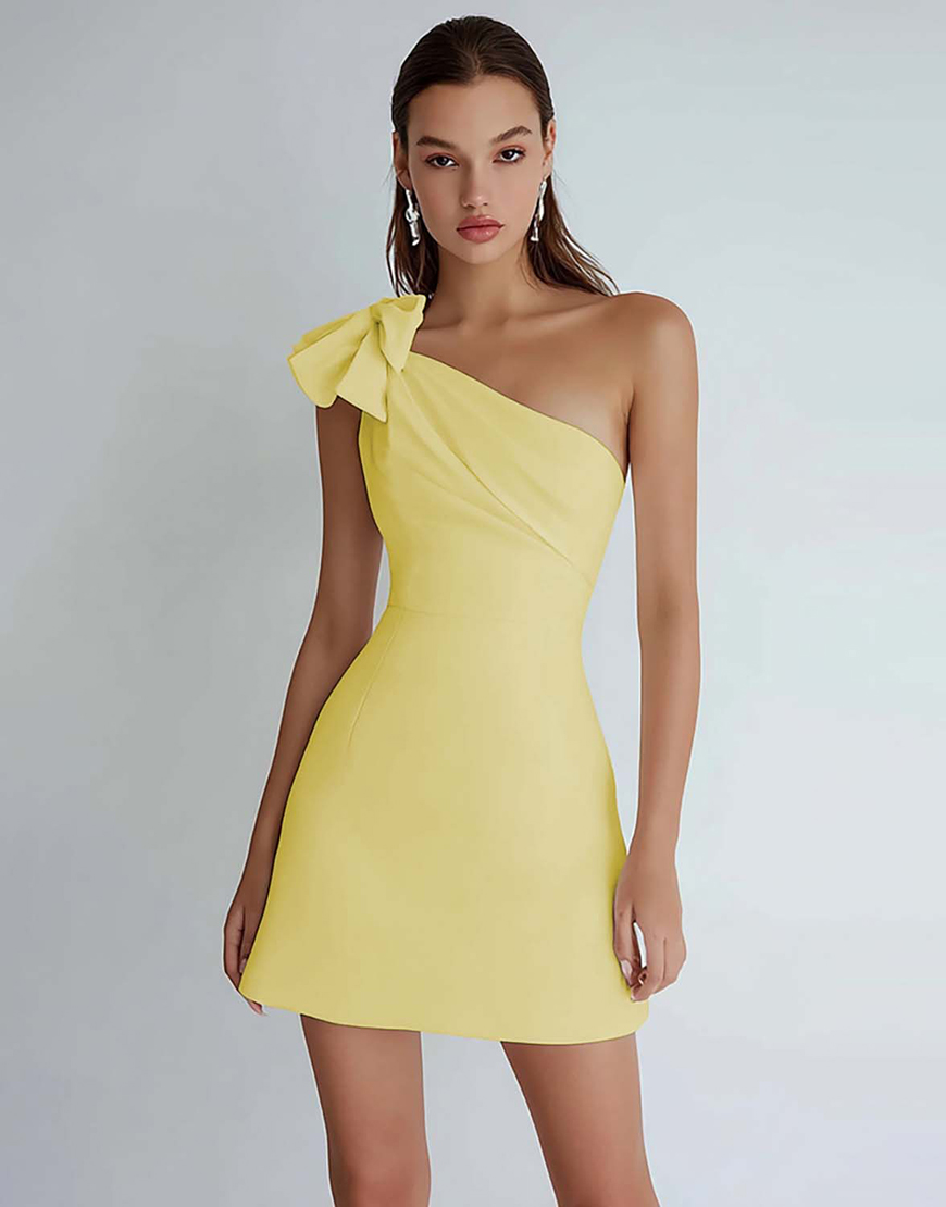 Ivory Satin One Shoulder Short A Line Homecoming Dress with Bow