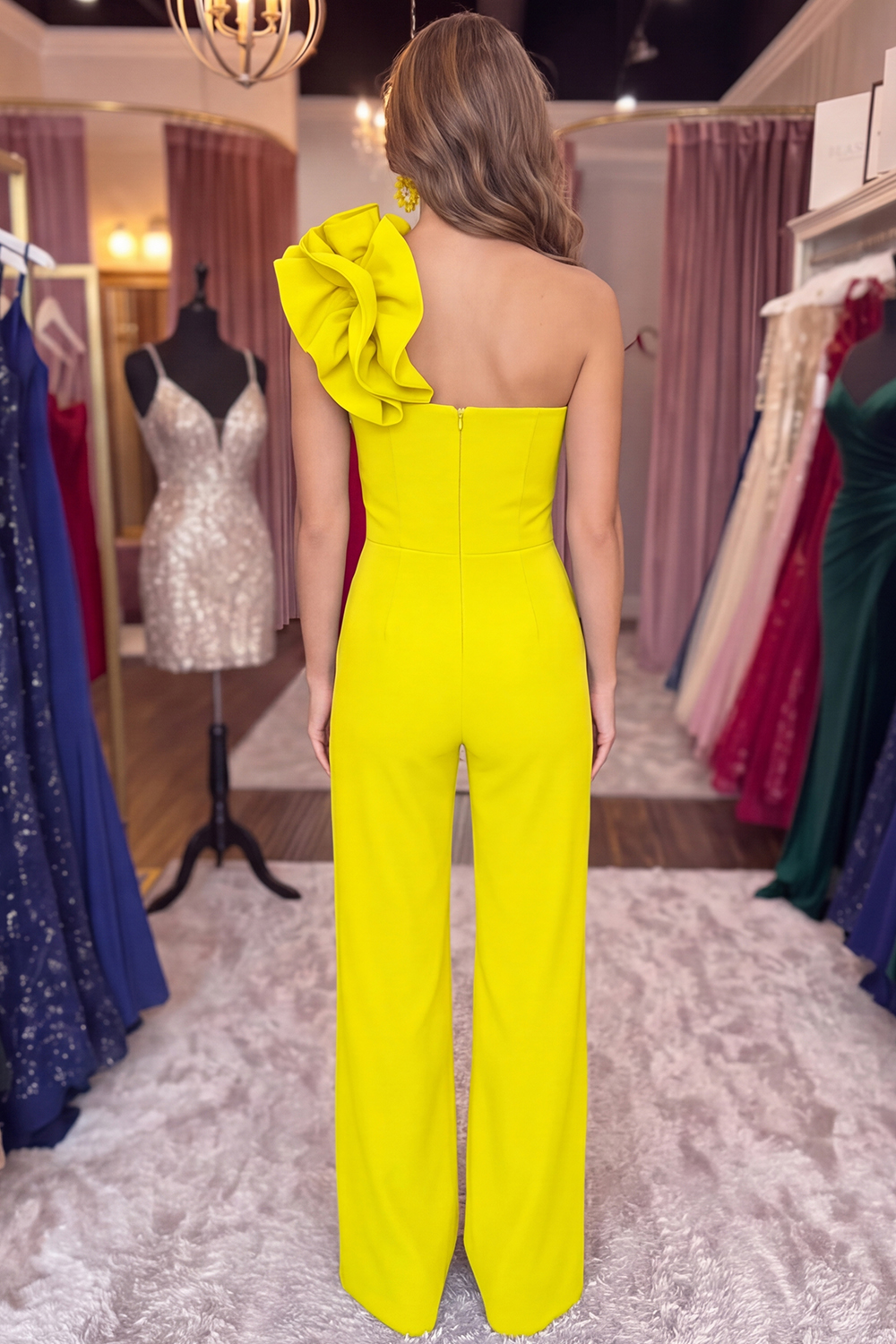 Royal Blue One Shoulder Simple Prom Jumpsuits with 3D Flower