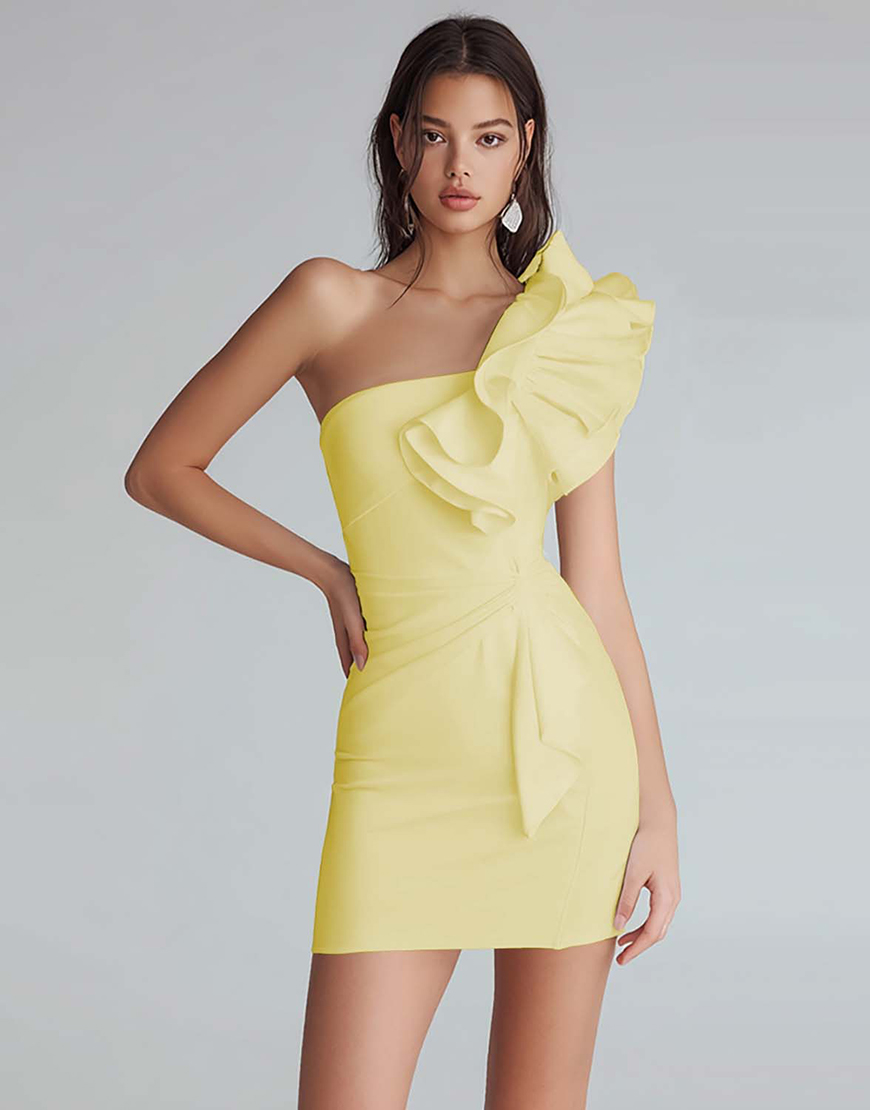 Ivory Satin One Shoulder Short Tight Homecoming Dress with Ruffles