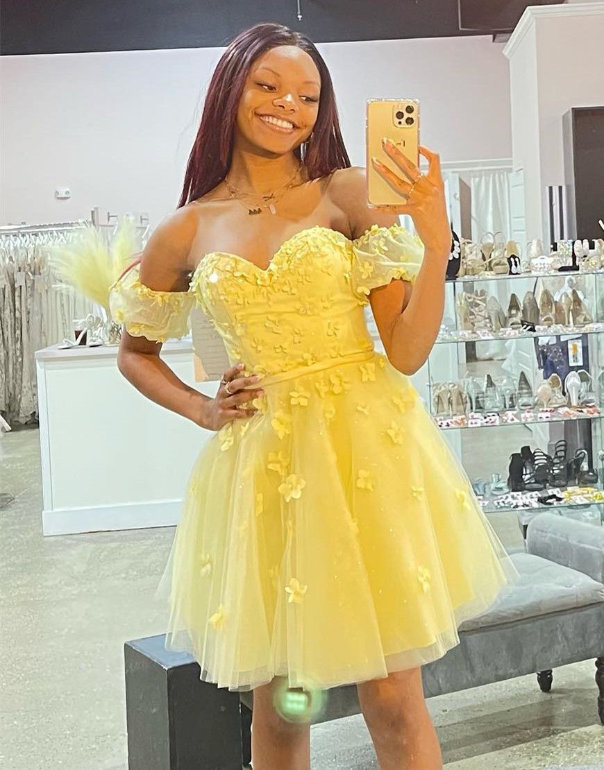 Yellow Off The Shoulder Homecoming Dress With Appliques