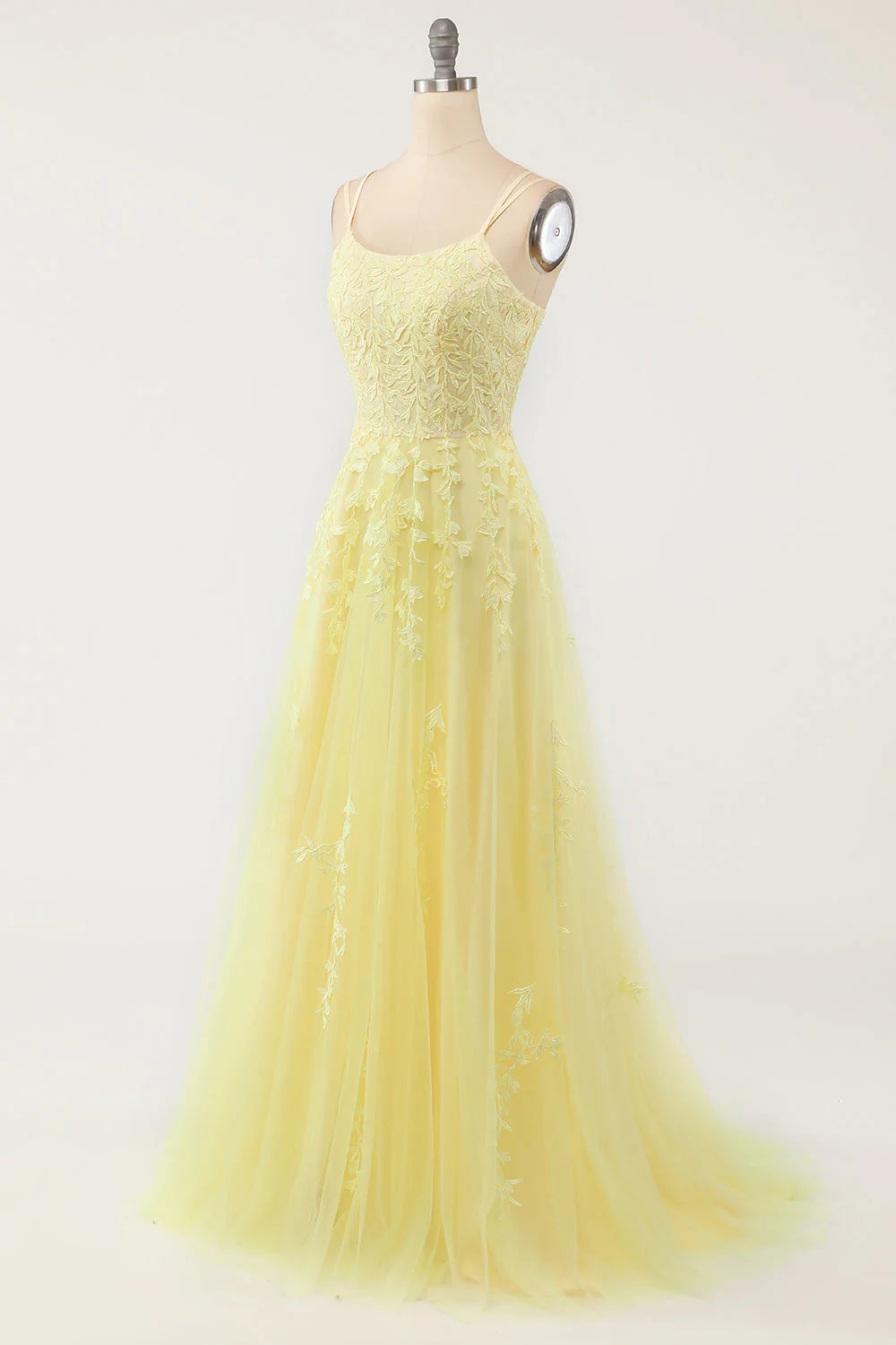 A-Line Double Straps Lace Up Long Prom Dress With Appliques