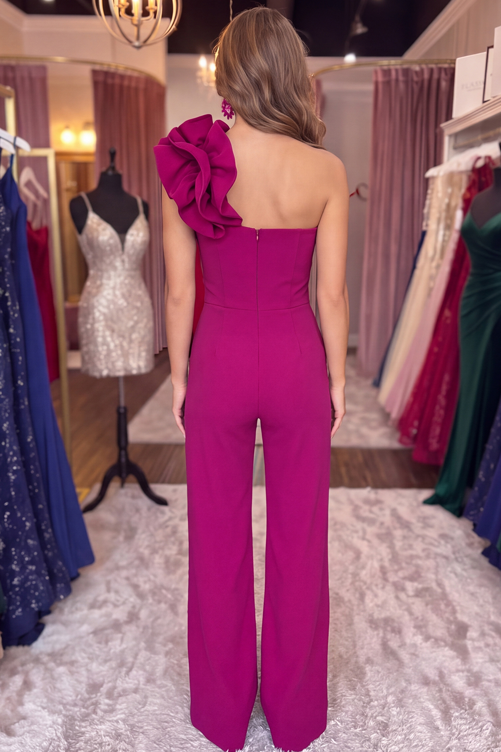 Royal Blue One Shoulder Simple Prom Jumpsuits with 3D Flower
