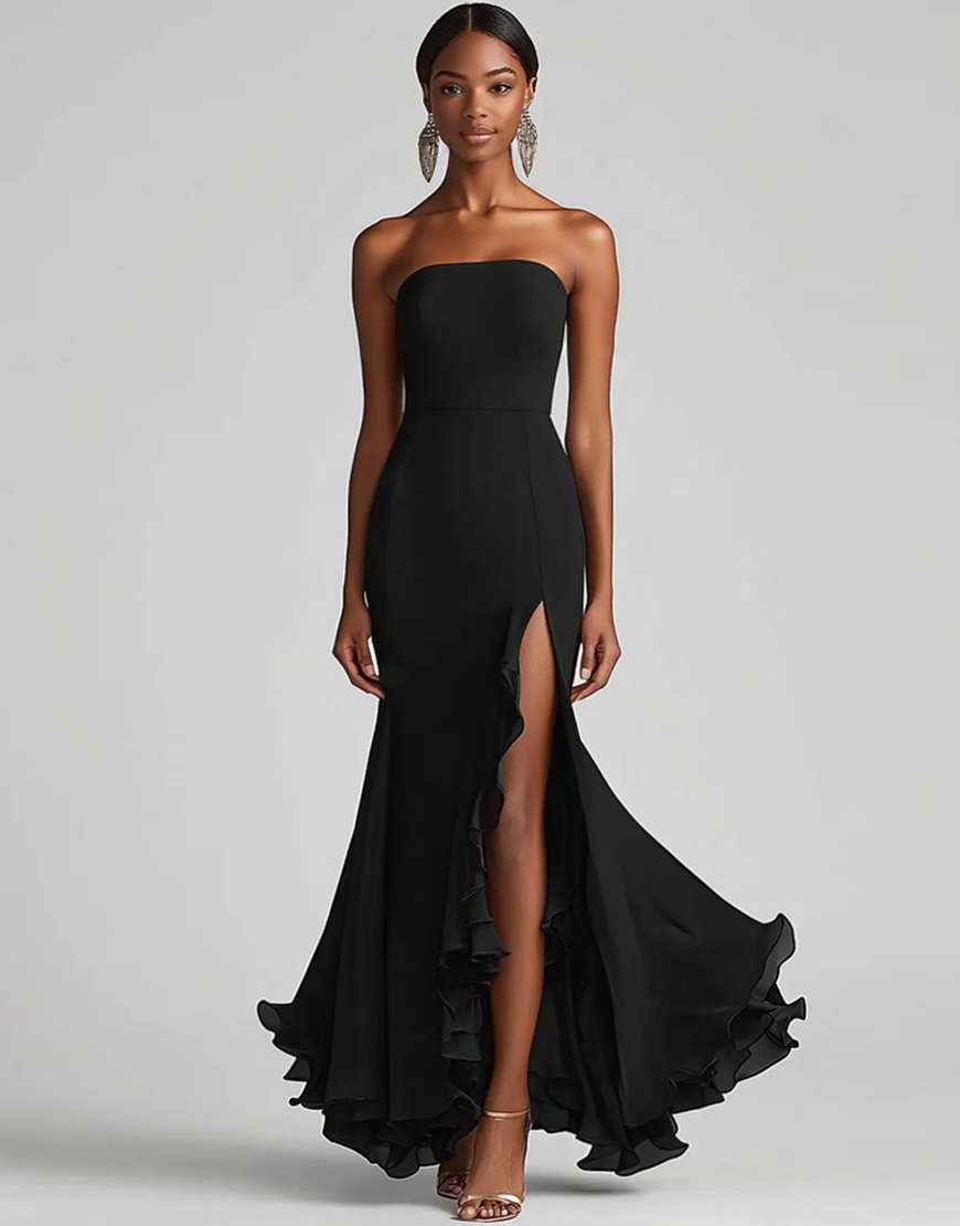 Strapless Chiffon Sheath Long Black Tie Dress with Slit