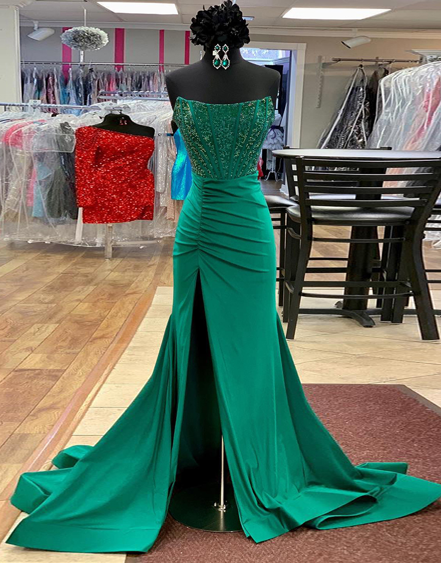 Sparkly Emerald Green Mermaid Strapless Beaded Corset Satin Long Prom Dress with Slit