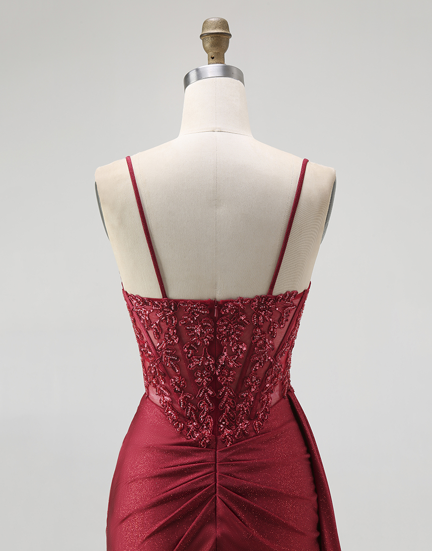 Sparkly Navy Spaghetti Straps Mermaid Corset Long Prom Dress with Beading