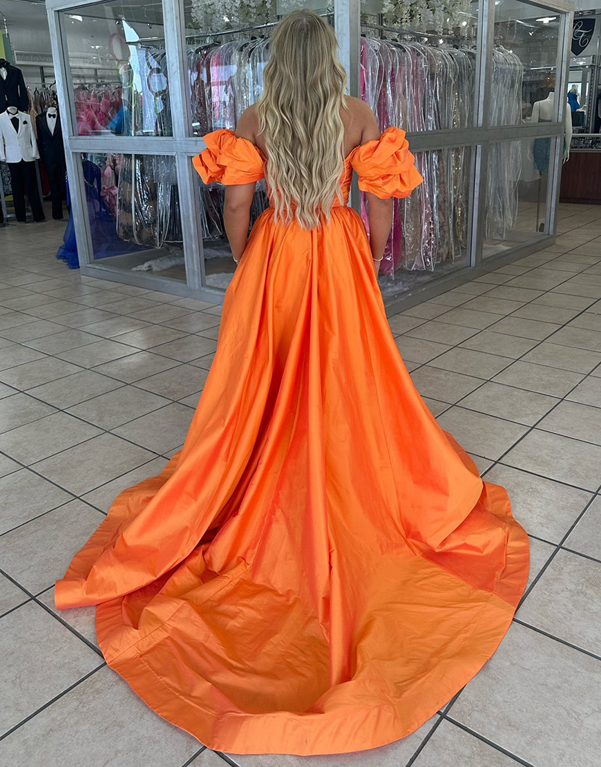 Orange A-Line Satin Ruffle Sleeves Long Prom Dress with Bow