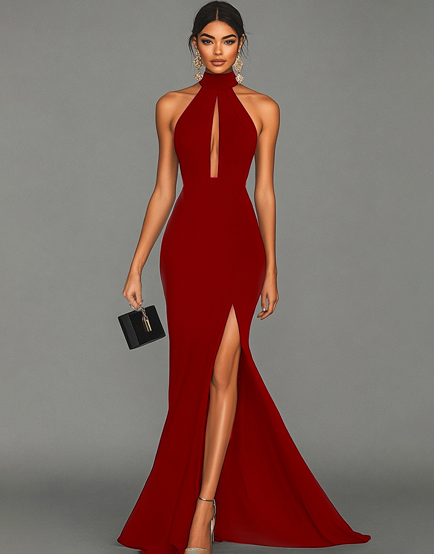 Black Mermaid High Neck Hollow Out Satin Long Formal Dress with Slit