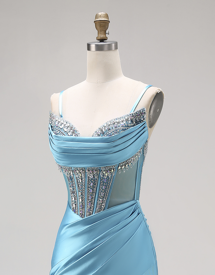 Sparkly Bright Pink Mermaid Satin Ruched Long Corset Prom Dress with Slit