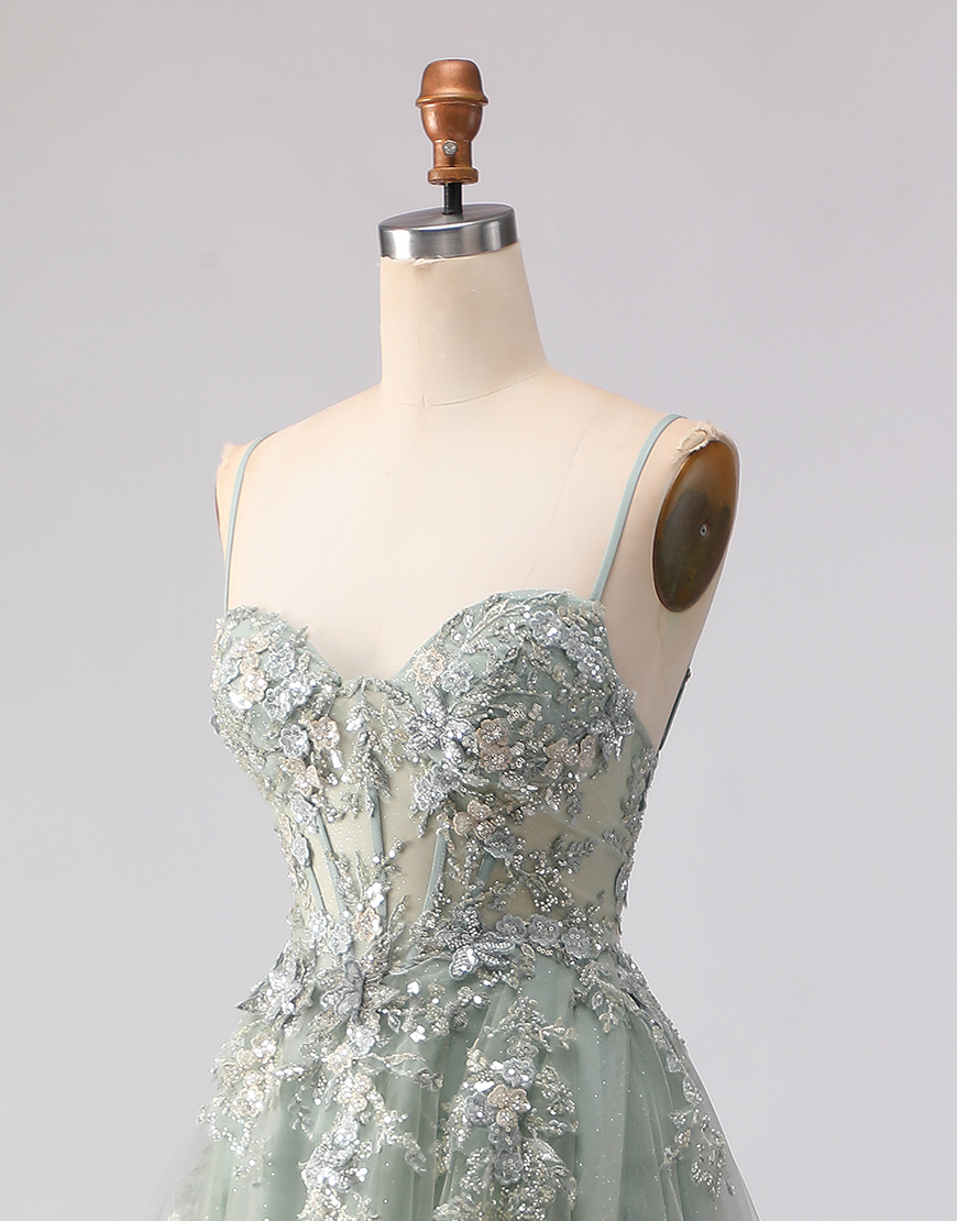 Sparkly Peach Floral A Line Tulle Long Corset Prom Dress with Beading