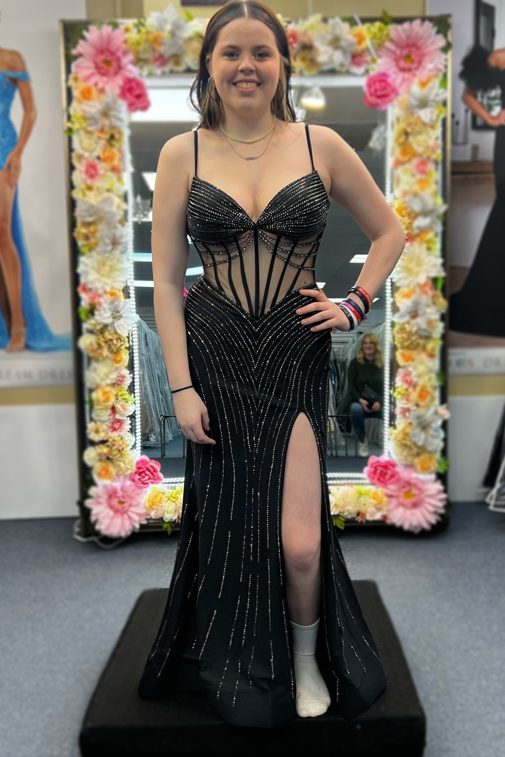 Mermaid Glitter Spaghetti Straps Corset Prom Dress with Beading And Slit