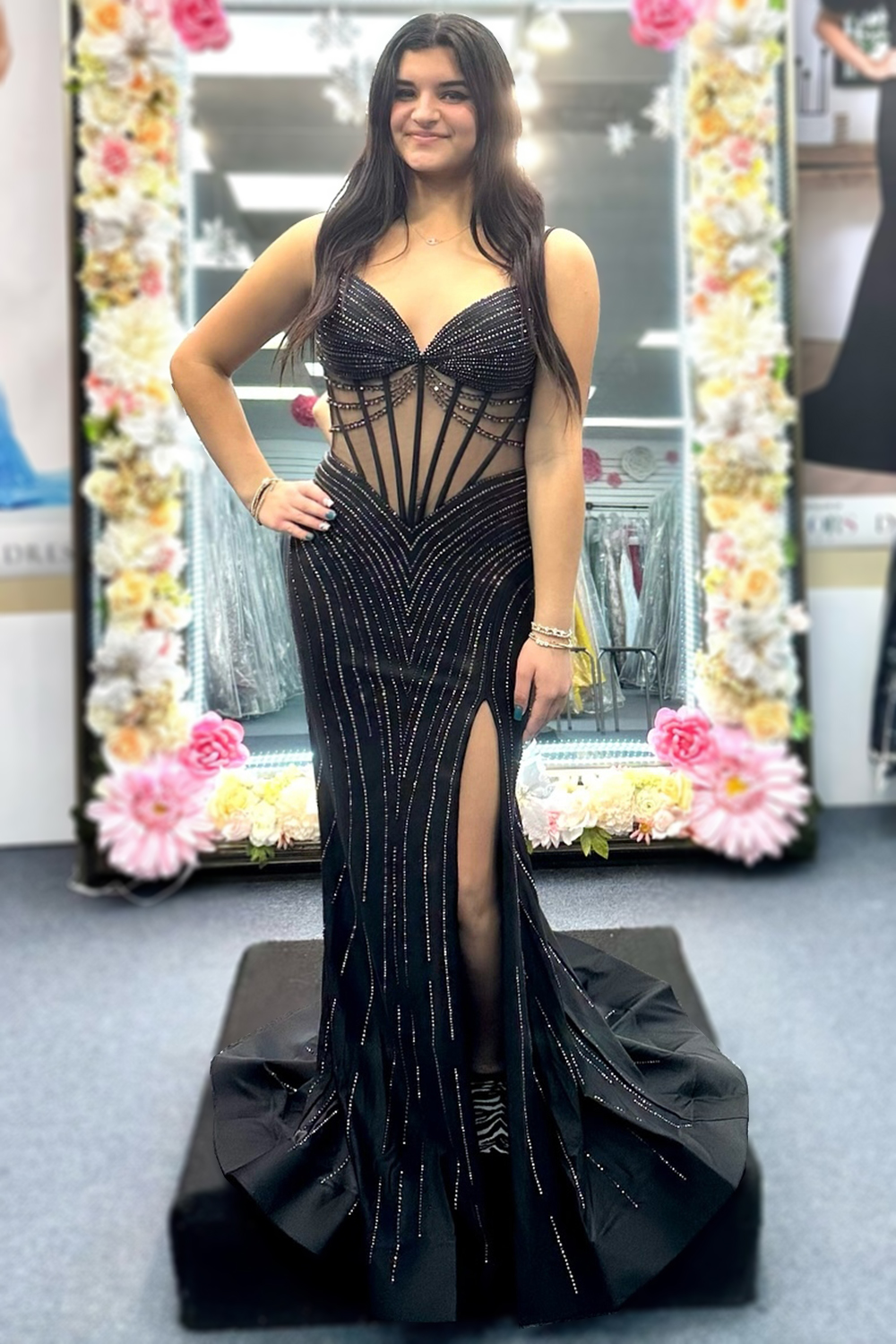 Mermaid Glitter Spaghetti Straps Corset Prom Dress with Beading And Slit