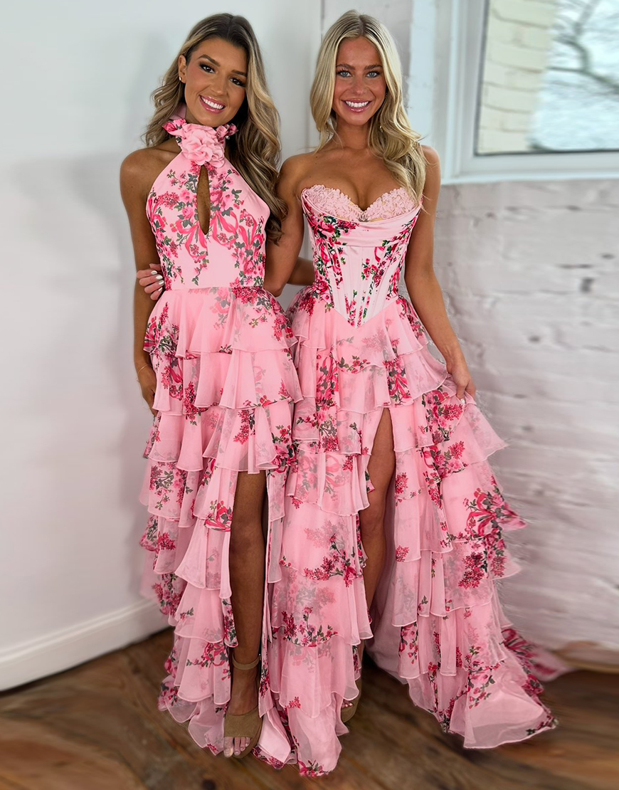 Berlinnova Women Blush Flower Long Prom Dress Ball Gown Strapless Corset Tiered Tulle Pageant Dress with Slit