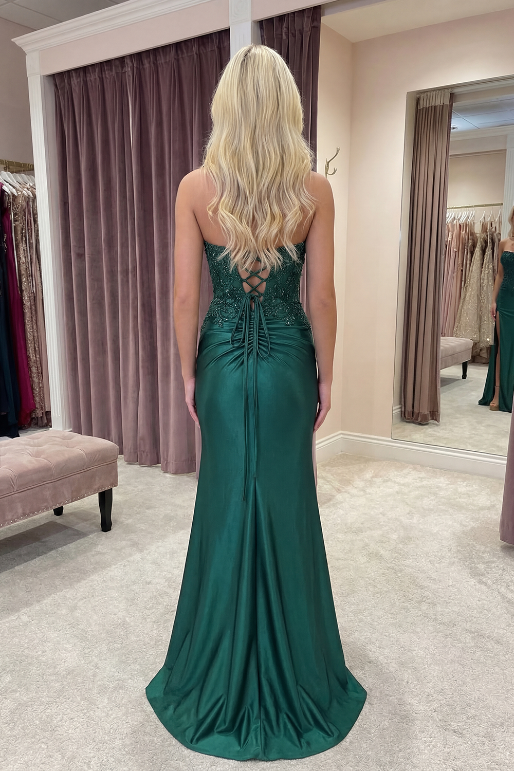 Sparkly Dark Green Strapless Mermaid Satin Beaded Long Prom Dress with Slit