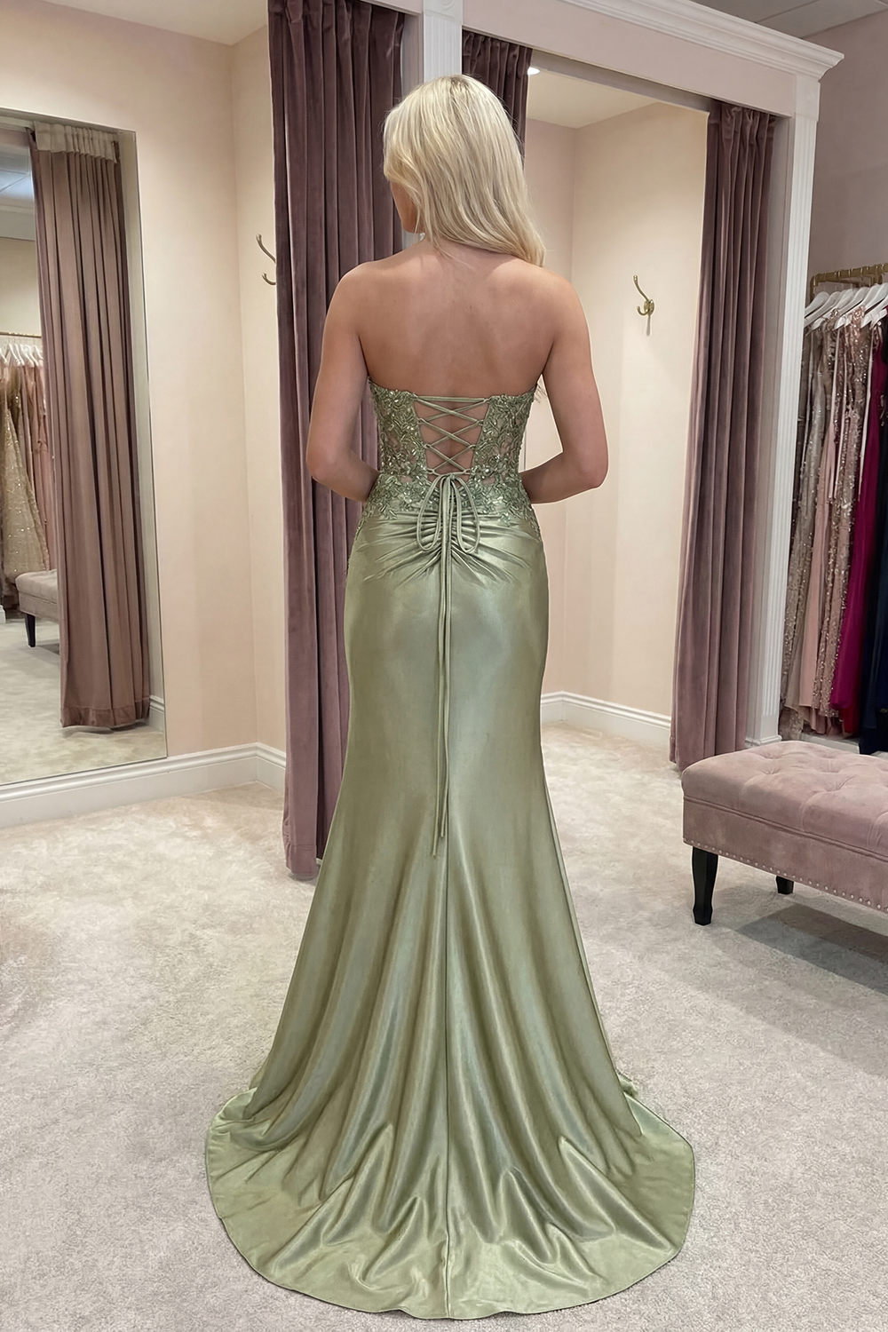 Sparkly Dark Green Strapless Mermaid Satin Beaded Long Prom Dress with Slit