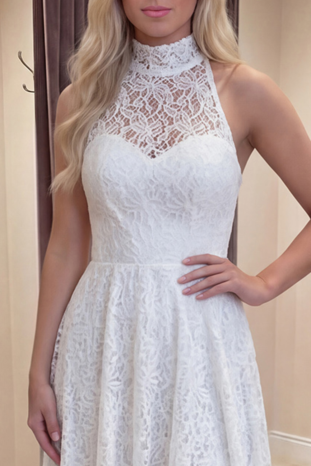 A Line Floral Ivory High Low Lace Boho Graduation Dress