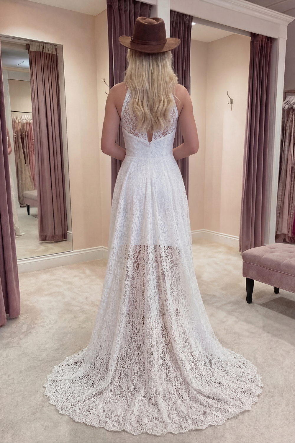 A Line Floral Ivory High Low Lace Boho Graduation Dress