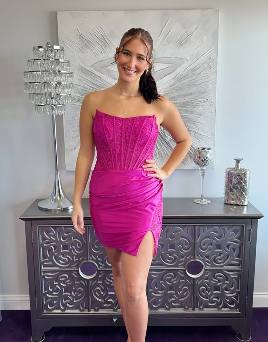Fuchsia Strapless Bodycon Short Corset Homecoming Dress with Lace