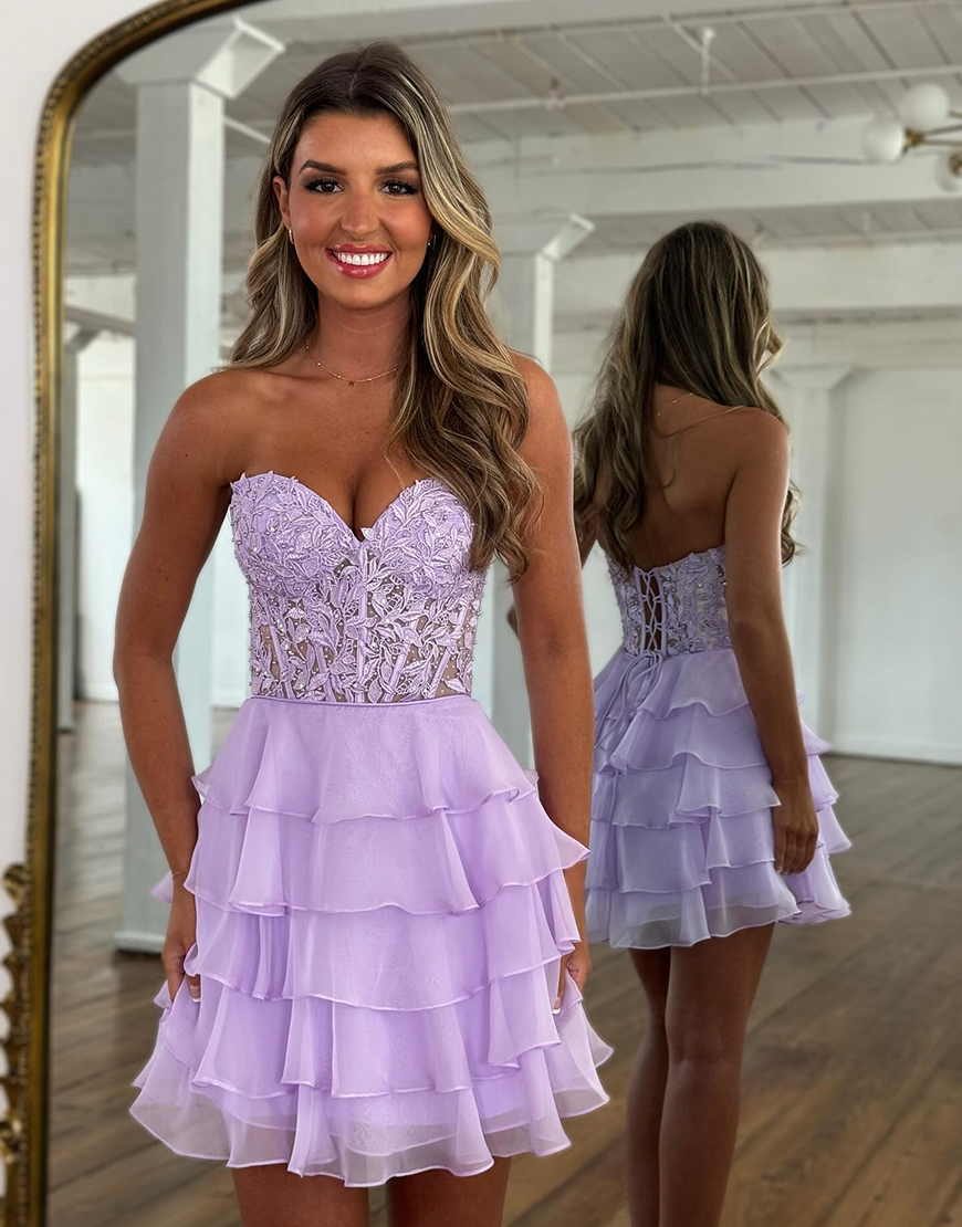 Sparkly Yellow A-line Strapless Tiered Homecoming Dress with Appliques