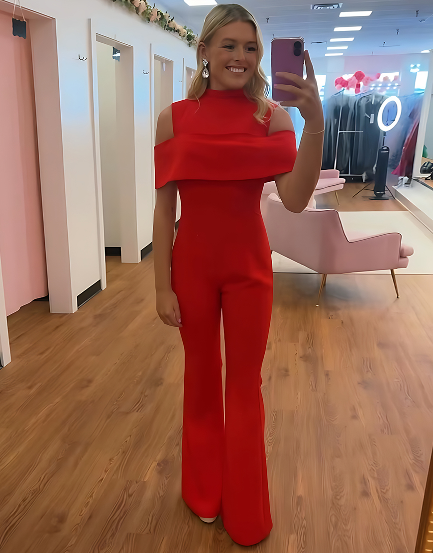 Red Cold Shoulder Tight Satin Long Homecoming Jumpsuits