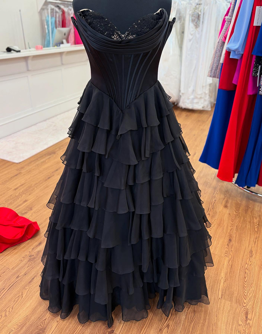 Blue A-Line Strapless Corset Tiered Long Prom Dress with Slit