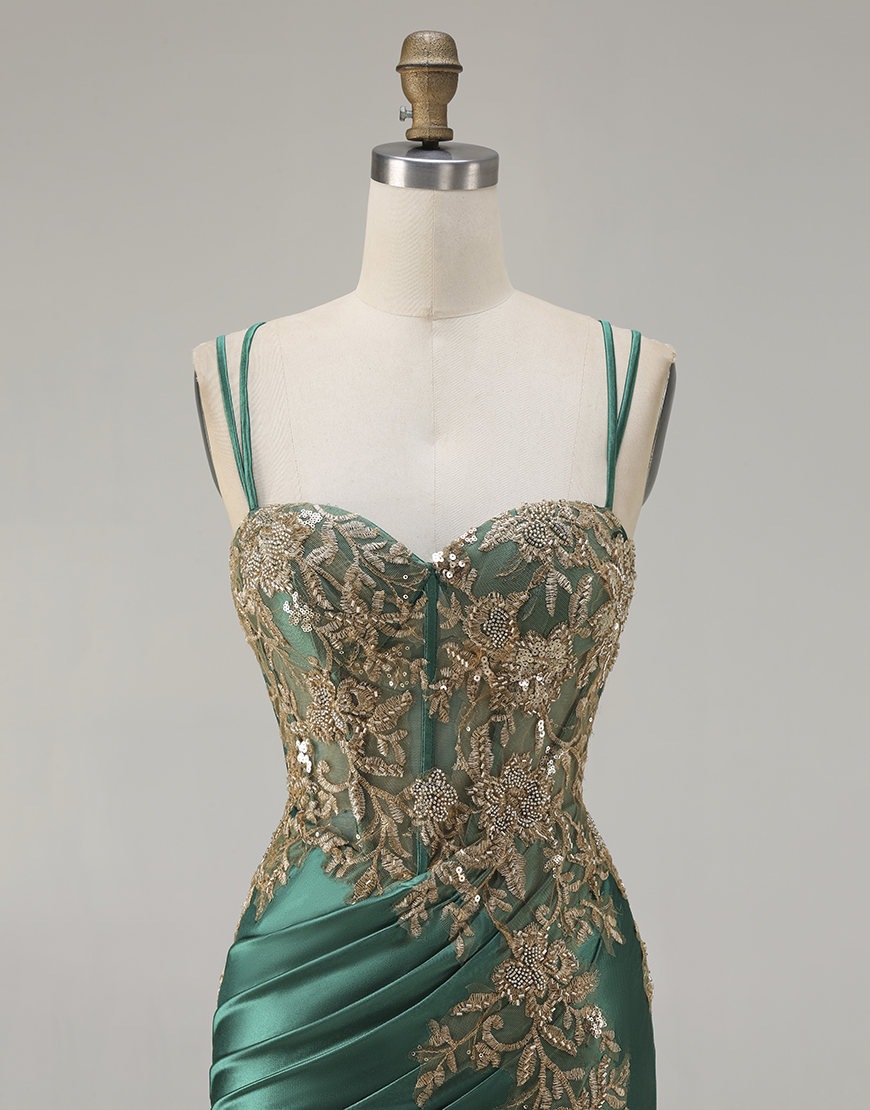 Sparkly Black Beaded Floral Corset Satin Appliqued Long Prom Dress with Slit